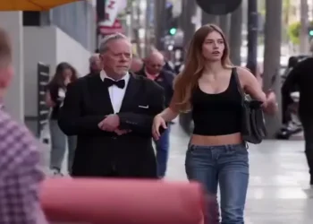 Red carpet prank video where a pedestrian walks a red carpet and feels like a celebrity in public